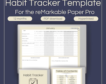 Habit Tracker Template for the reMarkable Paper Pro: Hyperlinked Monthly Journal (PDF Download)