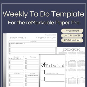 Pode incluir: Modelo digital de lista de tarefas semanal para reMarkable Paper Pro. O modelo inclui seções para tarefas diárias, prioridades e um calendário anual de julho de 2025 a junho de 2026. Hiperlink e disponível para download em PDF.