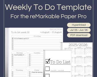 Hyperlinked Weekly To Do Template for reMarkable Paper Pro: Jul 2025-Jun 2026 PDF