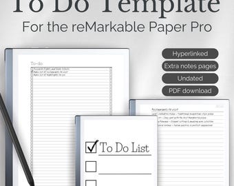 Könnte beinhalten: Eine digitale To-Do-Listenvorlage für das reMarkable Paper Pro Tablet. Die Vorlage enthält eine Checkliste mit einem Häkchen neben "To Do List" und einen Abschnitt für "Restaurants to Visit". Die Vorlage ist hyperverlinkt, verfügt über zusätzliche Notizseiten, ist undatiert und steht zum PDF-Download bereit.
