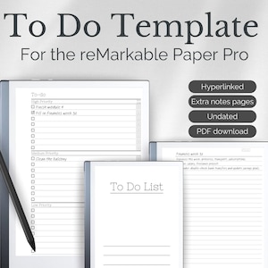 Pode incluir: Um modelo de lista de tarefas digitais para o tablet reMarkable Paper Pro. O modelo inclui seções para tarefas de alta, média e baixa prioridade. O modelo também inclui uma seção para finanças e uma lista de tarefas.