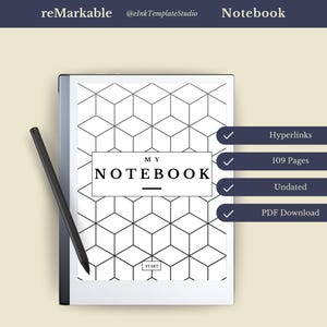 Könnte beinhalten: Ein digitales Notizbuch mit geometrischem Muster auf dem Cover, dem Text "MY NOTEBOOK" und einem schwarzen Stift. Funktionen umfassen Hyperlinks, 109 Seiten, undatiert und PDF-Download.