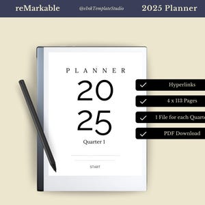 May include: A white digital planner on a gray background with the text "PLANNER 2025 Quarter 1 START" and a checkmark next to the text "Hyperlinks", "4 x 113 Pages", "1 File for each Quarter", and "PDF Download".
