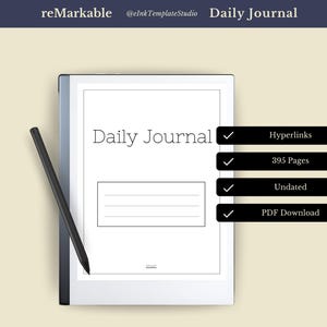 Puede incluir: Un bloc de notas digital blanco con un borde negro y el texto "Daily Journal" en la pantalla. El bloc de notas está sobre un fondo beige. Hay cuatro casillas de verificación con texto junto a ellas: "Hipervínculos", "395 páginas", "Sin fecha" y "Descarga PDF".