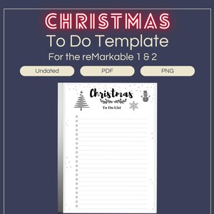 Pode incluir: Um modelo de lista de tarefas para o Natal imprimível em preto e branco com ilustrações de uma árvore de Natal, um boneco de neve e um floco de neve. O modelo é projetado para o reMarkable 1 & 2.