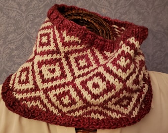 Burgundy and Ivory Hand-knit Cowl