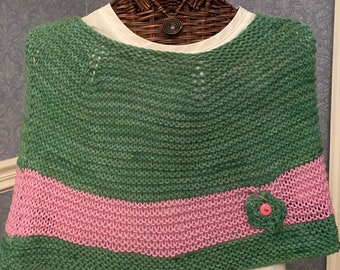 Petite Poncho/Capelet in Kelly Green and Pink Merino and Angora