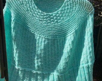 Mint Green Textured Poncho/Capelet Handknitted in Soft Merino Wool