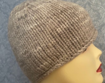 Handknit Bulky Cap in Grey and Ivory Tonals Merino Wool