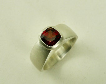 Wide Band Sterling Ring with Cushion Cut Garnet - R0221