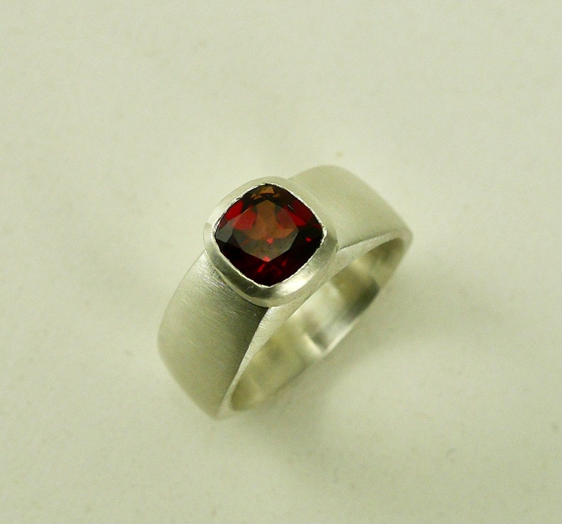 Wide Band Sterling Ring with Cushion Cut Garnet R0221 image 1