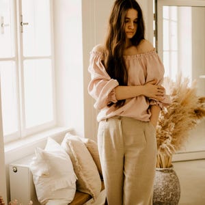 Linen top for her Boho chic linen off - The - shoulder