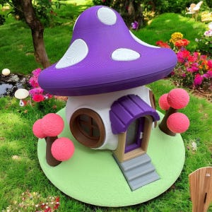 May include: A fantasy mushroom house with a purple cap and white spots. The house features a white body, a brown window frame, and a purple door. Pink spherical trees and a green base complete the fairy tale scene.