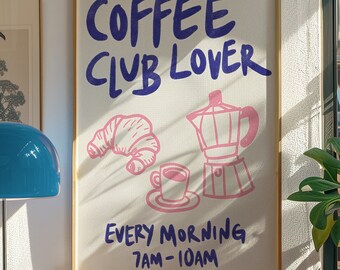 Handgetekende keukenprint - koffieclub minnaar poster - koffieclub print - koffie print - koffie illustratie - AFDRUKBARE WALL ART tekening