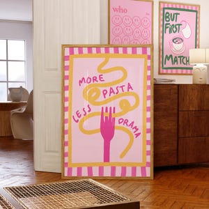 More Pasta Less Drama Print, Pasta Club Poster, Pasta Print, Pasta Illustration, Kitchen wall art drawing, Kitchen print to download