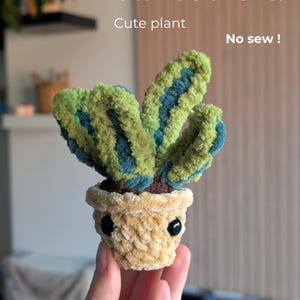 Peut inclure: Une plante Sansevieria miniature au crochet faite à la main. La plante présente des feuilles vertes et bleues et se trouve dans un pot beige avec des yeux en perles noires. Le texte de l'image indique "Mini Sansevieria, Cute plant, No sew!"