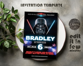 Invitación de cumpleaños imprimible, invitación editable, descarga instantánea, invitación de Star Wars, invitación de Star Wars, fiesta de cumpleaños de Darth Vader
