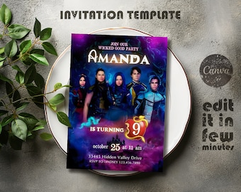 May include: Purple and blue invitation with a dark background featuring characters from the Disney movie Descendants. The invitation says "Join our Wicked Good Party" and "Amanda is turning 9" with a date and time of "October 25 at 11 am". The invitation also includes an address and RSVP information.