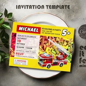 Building blocks invitation, bricks invite, printable editable invitation template, construction fire truck invite template, 1st 2nd 3rd bday