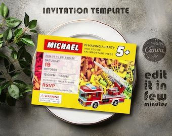 Building blocks invitation, bricks invite, printable editable invitation template, construction fire truck invite template, 1st 2nd 3rd bday