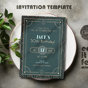 Bewerkbare Gatsby-uitnodiging, art-deco-uitnodiging, flapperuitnodiging, Great Gatsby, Roaring Twenties, digitale uitnodiging, elke leeftijd, elk geslacht