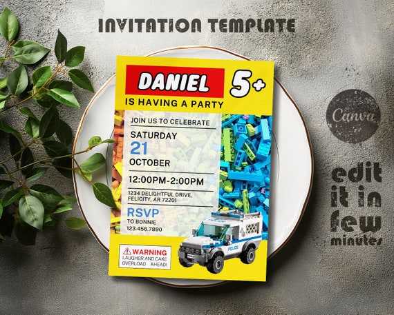 Building blocks invitation, bricks invite, printable editable invitation template, construction police car invite template, 1st 2nd 3rd bday