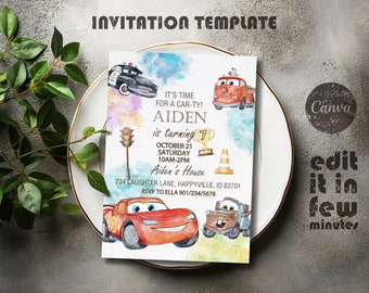 Invitación imprimible de Cars, invitación de Rayo McQueen, invitación para fiesta de cumpleaños, plantilla de invitación de cumpleaños de carreras