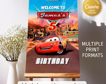 Plantilla de cartel de bienvenida de Cars, póster de bienvenida de Rayo McQueen para fiesta de cumpleaños imprimible, cumpleaños de niño, plantilla de decoración de cumpleaños de carreras