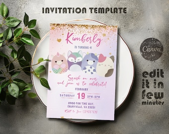 Printable birthday invitation, girl birthday invite, squish invitation, squishmallow Editable invitation, instant download, squishy party