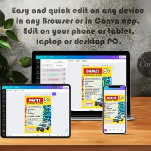 Pu&ograve; includere: Un mockup digitale di un invito di compleanno per un bambino di 5 anni. L'invito &egrave; giallo e blu con un camioncino dei cantieri animato e il testo "Daniel is having a party". L'invito &egrave; mostrato su uno schermo di laptop, tablet e telefono.