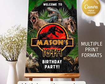 Plantilla de cartel de bienvenida de dinosaurio, cartel de bienvenida jurásico para fiesta de cumpleaños imprimible, cumpleaños de niño, plantilla de decoración de cumpleaños de T-Rex