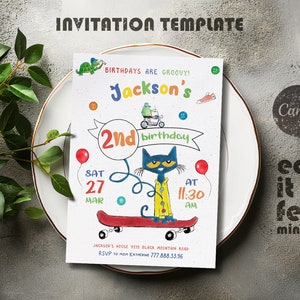Invitation de fête d'anniversaire Pete le chat imprimable, invitation modifiable Pete le chat, modèle d'invitation de fête, anniversaire garçon fille