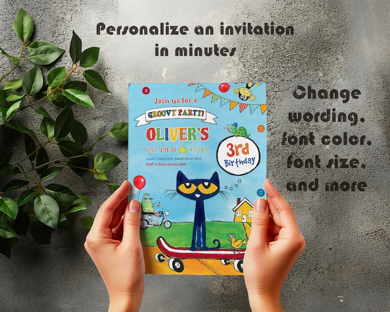 Puede incluir: Una invitaci&oacute;n colorida para una fiesta de cumplea&ntilde;os n&uacute;mero 3 con un gato de dibujos animados montando un monopat&iacute;n. La invitaci&oacute;n dice "Join us for a groovy party! Oliver's 3rd Birthday".