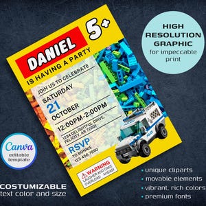 Pu&ograve; includere: Un invito a una festa di compleanno giallo e blu per un bambino che compie 5 anni. L'invito presenta un design a tema Lego con un'auto della polizia e mattoncini colorati. Il testo recita "Daniel 5+ sta organizzando una festa. Unisciti a noi per festeggiare sabato 21 ottobre, dalle 12:00 alle 14:00. 1234 Delightful Drive, Felicity, AR 72201. RSVP a Bonnie 123.456.7890. Attenzione: Rischio di sovraccarico di risate e torta!"