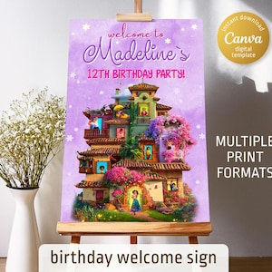 Placa de boas-vindas para aniversário Encanto, boas-vindas para Mirabel, pôster para imprimir da Isabela, modelo de convite de aniversário para menina editável