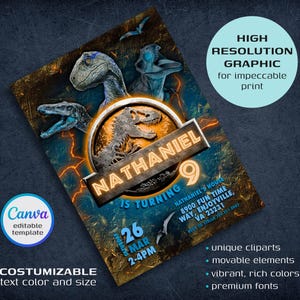 Könnte beinhalten: Eine anpassbare Geburtstagseinladung mit Dinosaurier-Grafiken. Das Design enthält den Namen "NATHANIEL" und die Zahl "9", mit dem Datum "26 MAR 2-4PM". Die Einladung hat eine hochauflösende Grafik und editierbaren Text.