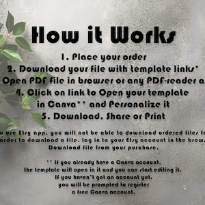 Puede incluir: Un gr&aacute;fico de texto sobre un fondo gris con follaje verde en la esquina superior izquierda. El gr&aacute;fico explica c&oacute;mo usar una plantilla descargable con enlaces a Canva. El texto dice: "C&oacute;mo funciona 1. Haz tu pedido 2. Descarga tu archivo con enlaces de plantilla* 3. Abre el archivo PDF en un navegador o cualquier aplicaci&oacute;n de lectura de PDF 4. Haz clic en el enlace para abrir tu plantilla en Canva** y personal&iacute;zala 5. Descarga. Comparte o imprime *Si usas la aplicaci&oacute;n Etsy, no podr&aacute;s descargar los archivos pedidos desde ella. Para descargar un archivo, inicia sesi&oacute;n en tu cuenta de Etsy en el navegador. Descarga el archivo de tu compra. **Si ya tienes una cuenta de Canva, la plantilla se abrir&aacute; en ella y podr&aacute;s empezar a editarla. Si a&uacute;n no tienes una cuenta, se te pedir&aacute; que te registres para una cuenta gratuita de Canva."