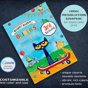 Puede incluir: Una invitaci&oacute;n de cumplea&ntilde;os colorida con un gato de dibujos animados montando un monopat&iacute;n. La invitaci&oacute;n es para la fiesta de cumplea&ntilde;os n&uacute;mero 3 de Oliver e incluye la fecha, la hora y el lugar del evento. La invitaci&oacute;n es personalizable con color de texto y tama&ntilde;o editables.