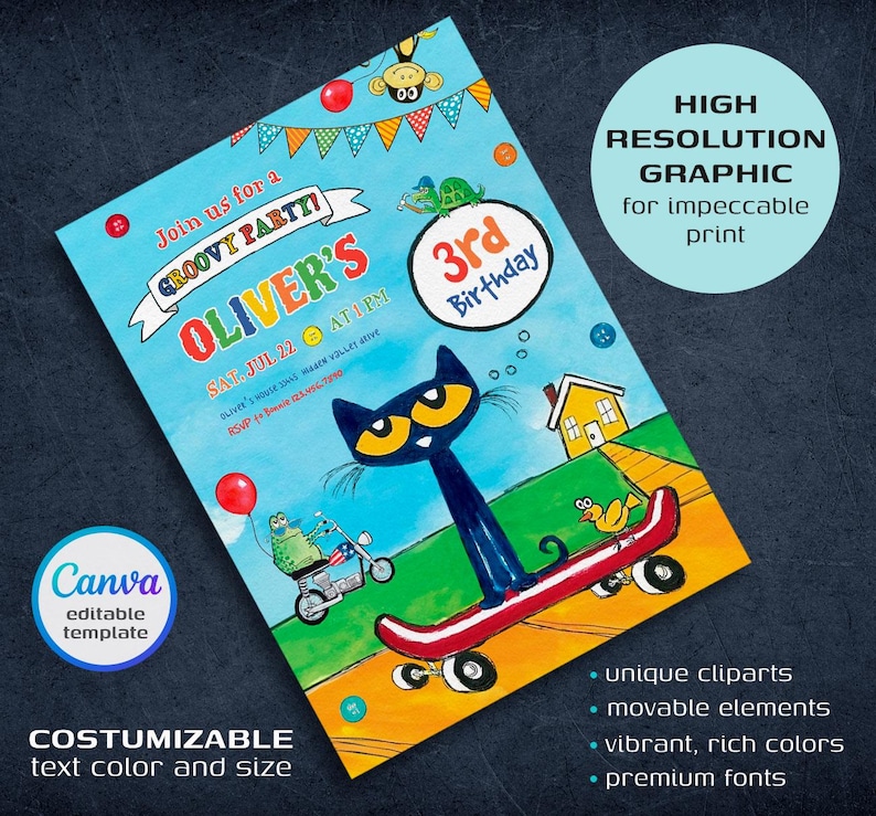 Puede incluir: Una invitaci&oacute;n de cumplea&ntilde;os colorida con un gato de dibujos animados montando un monopat&iacute;n. La invitaci&oacute;n es para la fiesta de cumplea&ntilde;os n&uacute;mero 3 de Oliver e incluye la fecha, la hora y el lugar del evento. La invitaci&oacute;n es personalizable con color de texto y tama&ntilde;o editables.