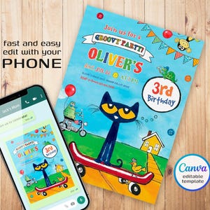 Puede incluir: Plantilla de invitaci&oacute;n editable para una fiesta de cumplea&ntilde;os n&uacute;mero 3 con un personaje de gato azul montando un monopat&iacute;n. La invitaci&oacute;n tiene un fondo azul con acentos coloridos y el texto "Join us for a GROOVY PARTTI! OLIVER'S 3rd Birthday".