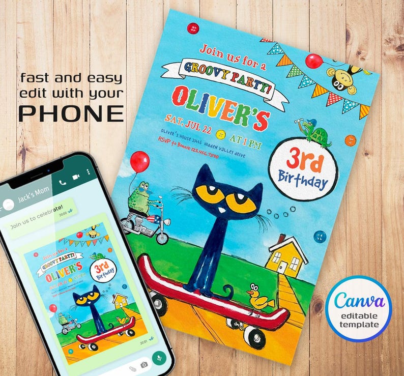 Puede incluir: Plantilla de invitaci&oacute;n editable para una fiesta de cumplea&ntilde;os n&uacute;mero 3 con un personaje de gato azul montando un monopat&iacute;n. La invitaci&oacute;n tiene un fondo azul con acentos coloridos y el texto "Join us for a GROOVY PARTTI! OLIVER'S 3rd Birthday".