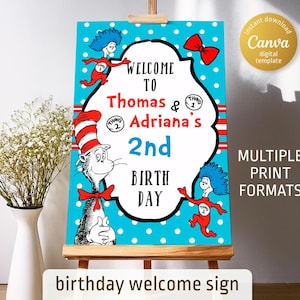 May include: A birthday welcome sign featuring a blue polka dot background with the text "Welcome to Thomas & Adriana's 2nd Birthday." The sign includes illustrations of characters and the text "birthday welcome sign."