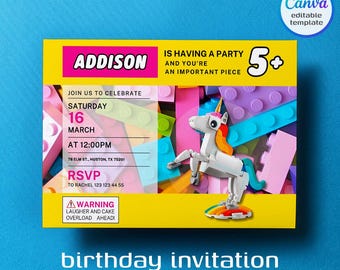 Building blocks invitation, Building blocks invite, printable editable unicorn invitation template, invite template, 1st 2nd 3rd girl bday