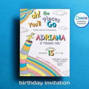 Faire-part d'anniversaire du Dr Seuss, invitation imprimable modifiable de conte de fées, oh, les endroits où vous irez ! Fête, anniversaire garçon fille, première seconde