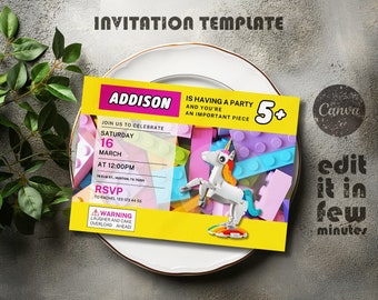 Building blocks invitation, Building blocks invite, printable editable unicorn invitation template, invite template, 1st 2nd 3rd girl bday