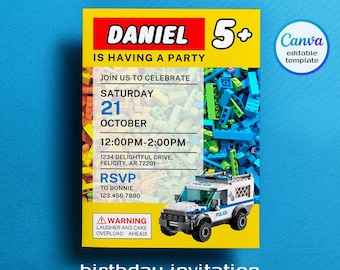 Invitación de bloques de construcción, invitación de ladrillos, plantilla de invitación editable e imprimible, plantilla de invitación de coche de policía de construcción, 1.er, 2.º y 3.er cumpleaños