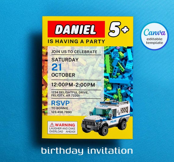 Building blocks invitation, bricks invite, printable editable invitation template, construction police car invite template, 1st 2nd 3rd bday
