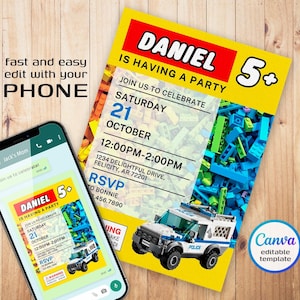 Pu&ograve; includere: Un invito a una festa di compleanno Lego giallo e blu per un bambino che compie 5 anni. L'invito presenta un'auto della polizia Lego e il testo "Daniel ha una festa".