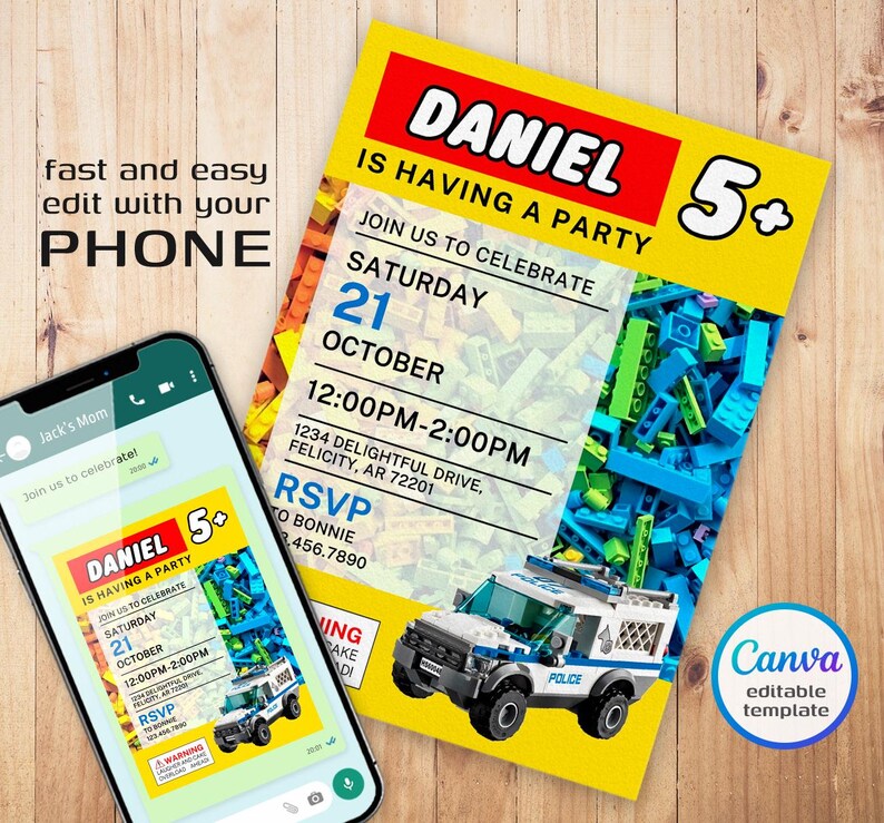 Pu&ograve; includere: Un invito a una festa di compleanno Lego giallo e blu per un bambino che compie 5 anni. L'invito presenta un'auto della polizia Lego e il testo "Daniel ha una festa".