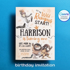 Puede incluir: Invitación de cumpleaños con ilustraciones de "Donde viven los monstruos". El texto dice "Let the Wild Rumpus Start!" y "Harrison is turning one". El diseño incluye una plantilla editable de Canva.